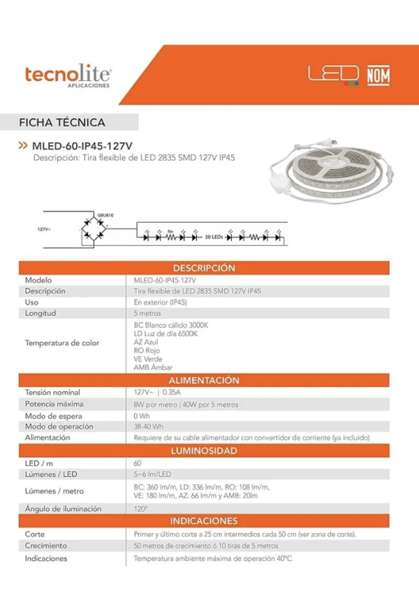 TIRA LED MLED-60-IP45 127V LUZ DE DIA